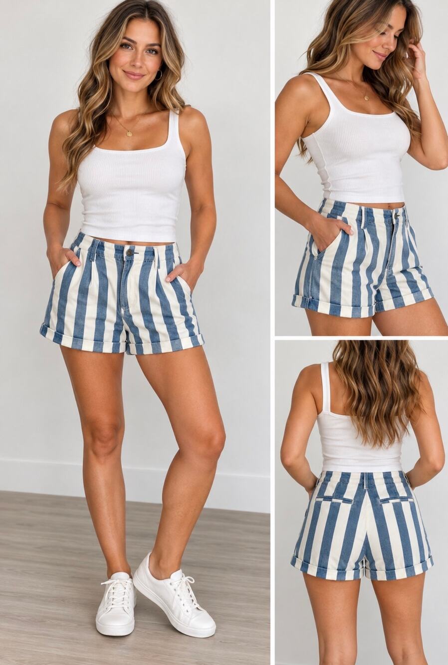 Forever 21 Women’s 29 Blue White Striped High Rise Cuffed Denim Shorts Coastal